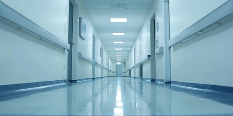Obraz premium Empty and sterile hospital corridor with bright lighting and blue flooring.