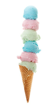 Colorful Ice Cream Cone with lots of scoops, Isolated on transparent background