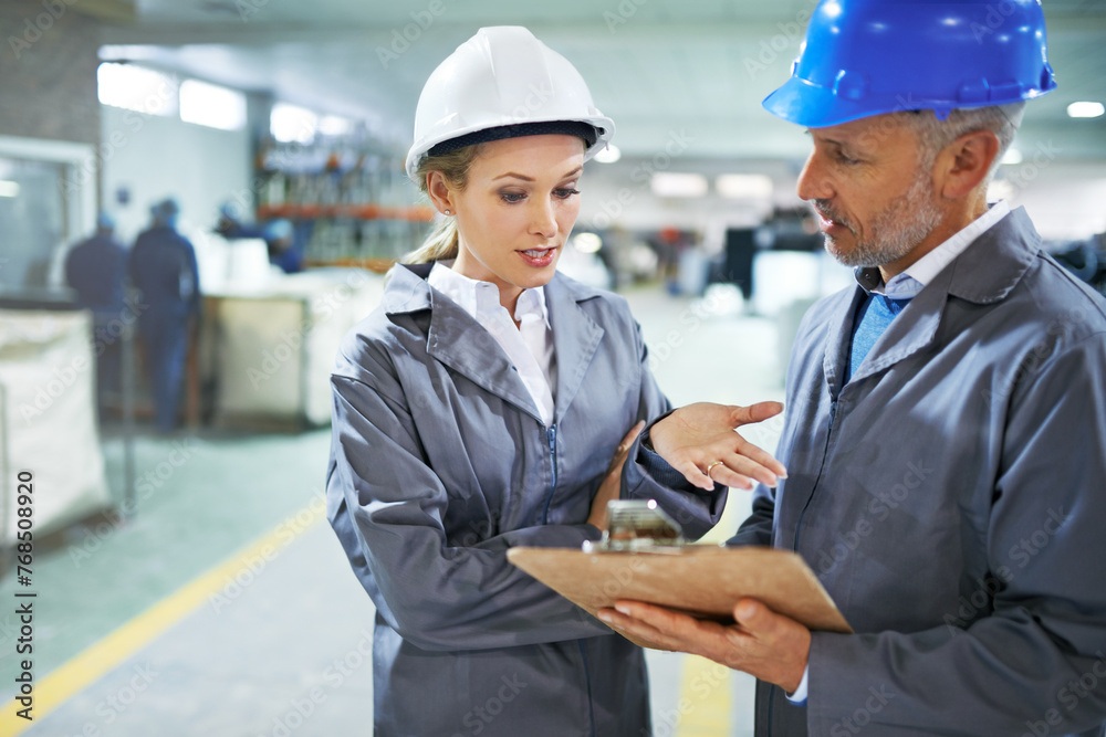 Poster Man, woman and discussion with checklist in factory for quality inspection or safety checks and process monitoring. Team, inventory and clipboard for manufacturing information in printing warehouse.