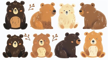 Simple clipart set of gouache or watercolor cartoon cute brown bears in pastel colors on a white background