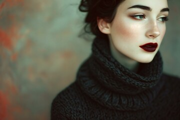 Closeup portrait of beautiful young woman in black sweater and scarf