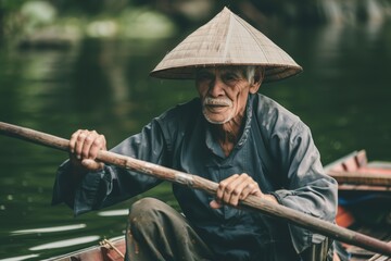 wizened man with a conical hat rowing a boat - obrazy, fototapety, plakaty