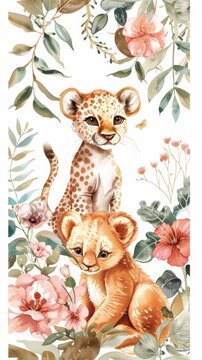 A painting of a baby cheetah sitting on top of an adult cheetah