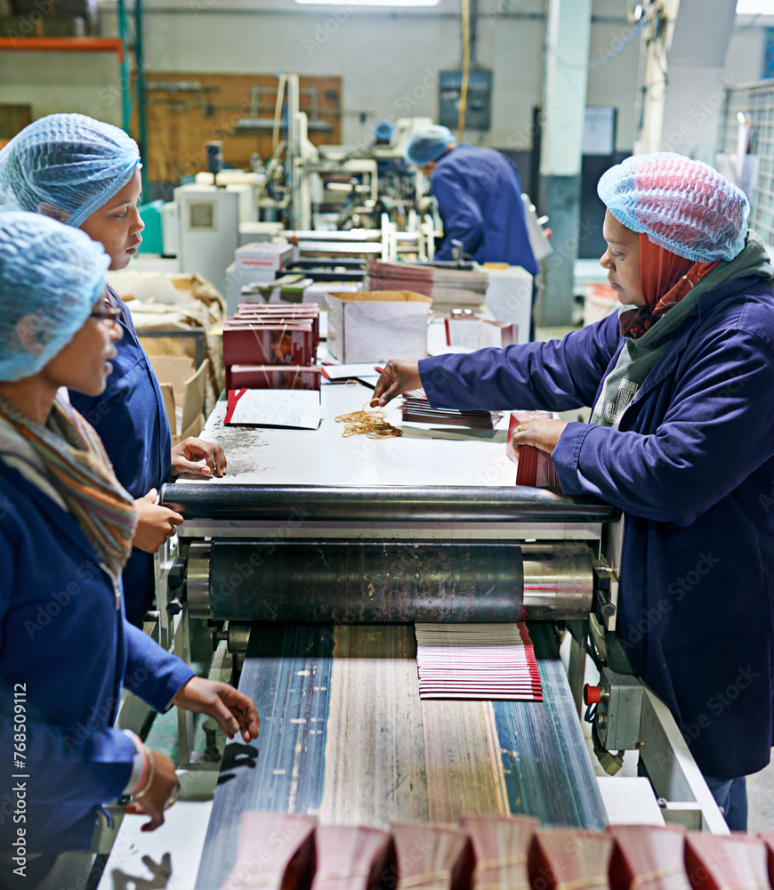Aufkleber workers, printer and machine in factory for paper, system and industry for manufacturing and distrib