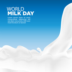 Fresh milk and world milk day illustration with blue sky and cloud vector - obrazy, fototapety, plakaty
