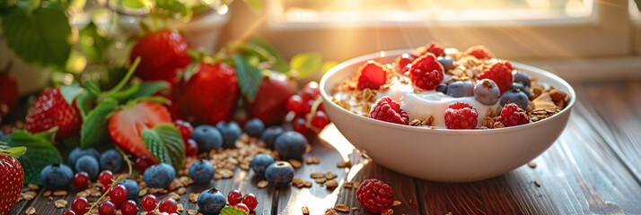 Fresh breakfast bowl with mixed berries, crunchy granola, and creamy yogurt in morning light. Balanced diet and healthy eating concept. - Powered by Adobe