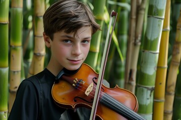 young musician with violin in a bamboo grove