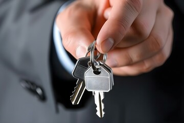 Real estate agent holding keys symbolizing property ownership and various real estate transactions like buying renting or insuring homes. Concept Real Estate Transactions, Property Ownership