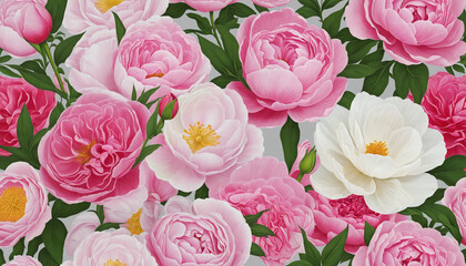 collection of peonies and roses flowers isolated on a transparent background,   colorful background