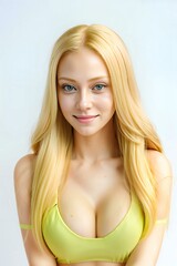 Portrait of a beautiful young blonde woman with long hair in green bra