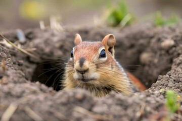 ground squirrel peering from gopher hole - obrazy, fototapety, plakaty