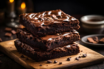 An overhead view of a stack of brownies straight from the oven, showcasing the warm tones of the...