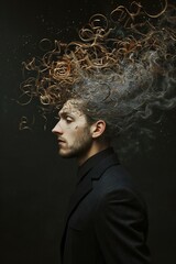 Young man with flying hair on black background,  Hair loss concept