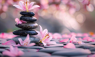 Spa still life with zen stones and flowers, yoga meditation concept illustration background