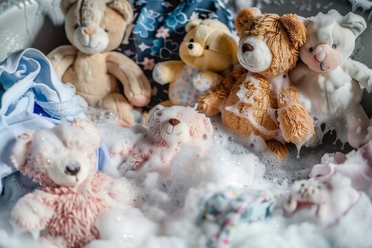 plush baby toys in a shallow soapy wash with clothing