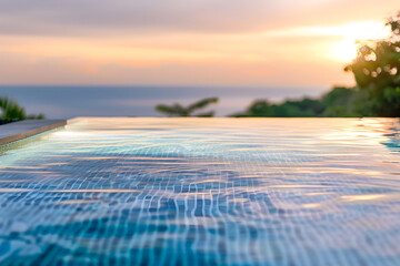 A luxurious infinity pool overlooking a tropical ocean panorama.