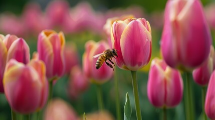 A single tulip with a bee collecting pollen, showcasing the symbiotic relationship between plants and insects 