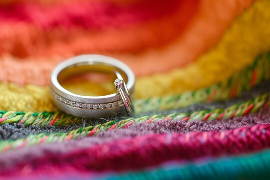 Wedding rings on a colorful background, closeup of photo