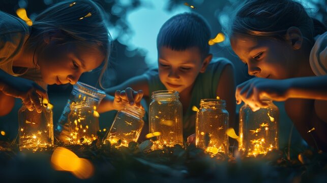 A group of kids catching fireflies in jars on a warm summer night, their faces lit with wonder