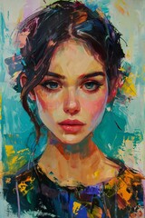 Artistic oil painting portrait of a beautiful young woman with bright make up