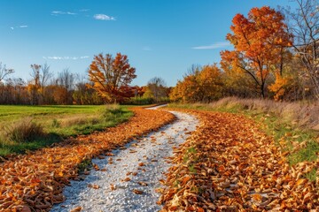 A gravel path lined with fallen leaves meanders through autumnal trees