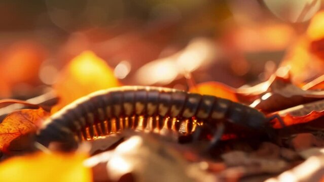 A millipede crawling over a bed of fallen leaves its segmented body creating an interesting pattern under the backlighting.