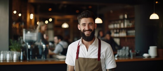 A bearded man in a uniform is standing in front of a bar, possibly ready to greet customers or serve drinks. There is a sense of hospitality and service in the atmosphere. - obrazy, fototapety, plakaty