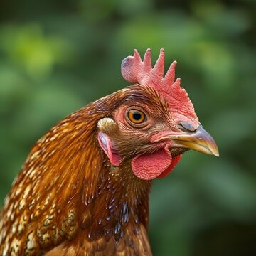 Portrait of a rooster with a red comb on a green background