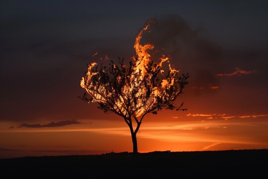 lone tree on fire at sunset, silhouette effect