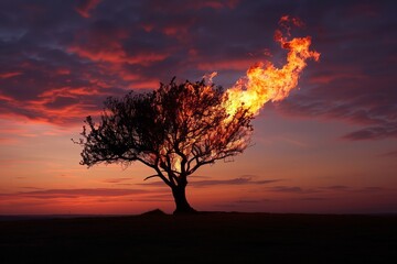 lone tree on fire at sunset, silhouette effect