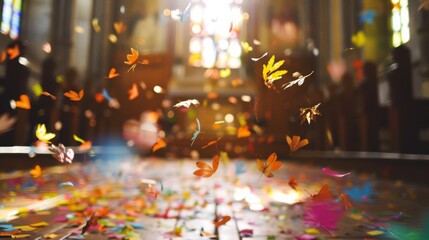 Colorful confetti shaped like palm leaves falling on a church floor, symbolizing a festive atmosphere