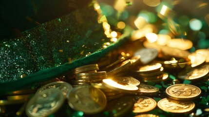 A close-up shot of sparkling gold coins spilling out of a green top hat, symbolizing St. Patrick's Day luck