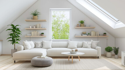Corner sofa against shelving unit scandinavian home. Generative AI