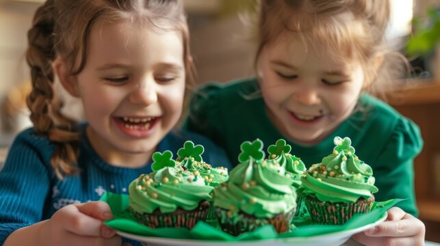 A close-up shot of two children giggling as they share a plate of green cupcakes decorated with shamrocks