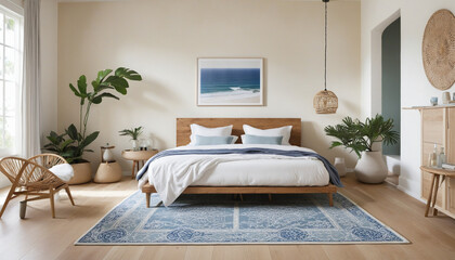natural coastal interior bedroom beautiful example of modern coastal style including a soft natural color palette, natural elements cane bed blue and white patterned rug and white nights colorful back