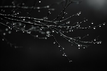 Water droplets on the branches of a tree, black and white - Powered by Adobe