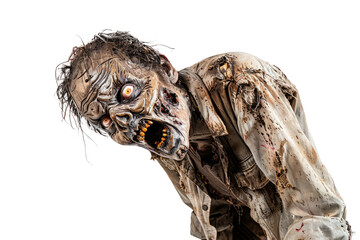 Obraz premium A decaying zombie with rotting flesh and tattered clothing, snarling against a stark white backdrop