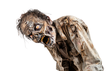 A decaying zombie with rotting flesh and tattered clothing, snarling against a stark white backdrop