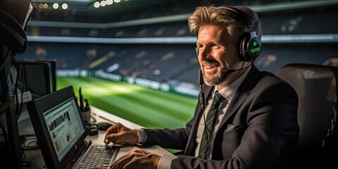 A football commentator delivers the play-by-play commentary for the exhilarating final match of the World Cup, capturing the intensity of the moment. - obrazy, fototapety, plakaty