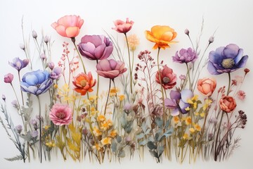 Watercolor painting of summer flowers wet on white background