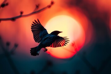 Silhouette of a bird flying across a warm, glowing sunset