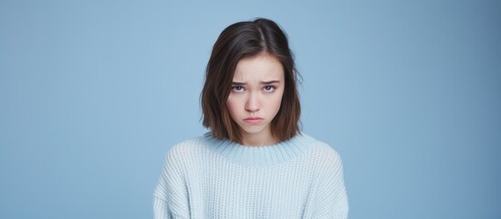 A woman dressed in a blue sweater stands in front of a plain blue wall, appearing upset or lonely. The simple composition emphasizes the contrast between the womans emotional state and the surrounding - obrazy, fototapety, plakaty