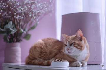 Cozy ginger cat enjoying a peaceful moment by an air purifier