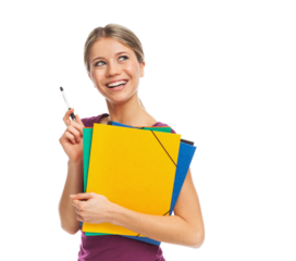 Cheerful student or working girl, happy, looking aside. PNG