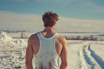 Man in a tank top, back facing the camera, amidst a snowy landscape, exuding a sense of coolness.