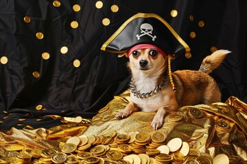 small dog on pile of gold coins with a pirate cap