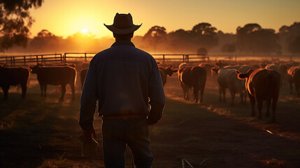 Silhouetted Farmer in Cowboy Hat Overseeing Cattle at Sunrise, Rural Farming Landscape, Peaceful Morning on the Ranch, Agricultural Livelihood Concept