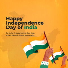 Illustration of the Indian flag on an orange background. Text reads 
