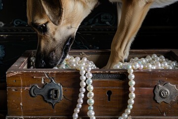 canine with a paw on a pile of pearls in an open chest