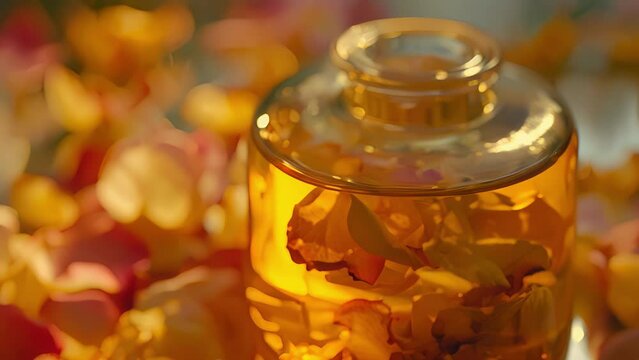 In a small glass bottle a rich golden oil is infused with fragrant rose petals used for its calming and rejuvenating properties in aromatherapy.